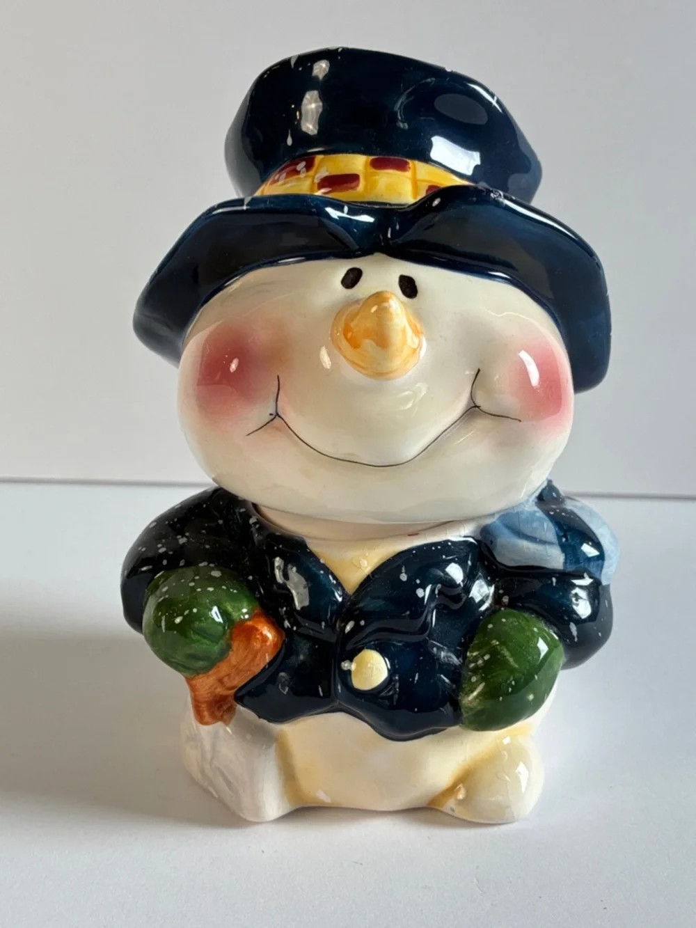 Ceramic Snowman Canister  Figurine with Navy Hat and Green Mittens